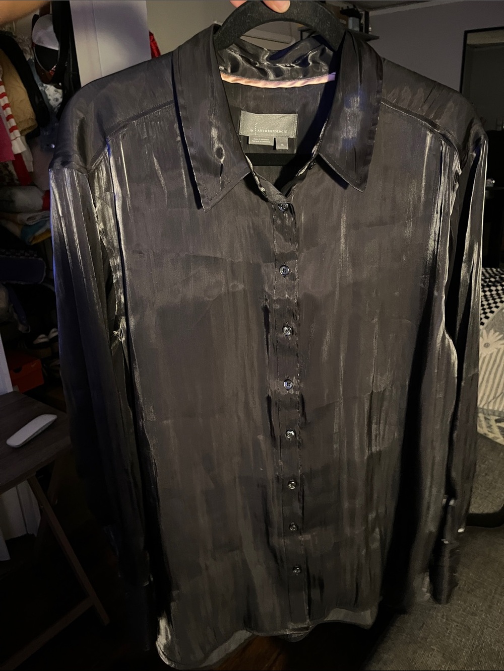 Anthropologie Sheer Black Shimmer Organza Button Down Blouse Top Size Medium